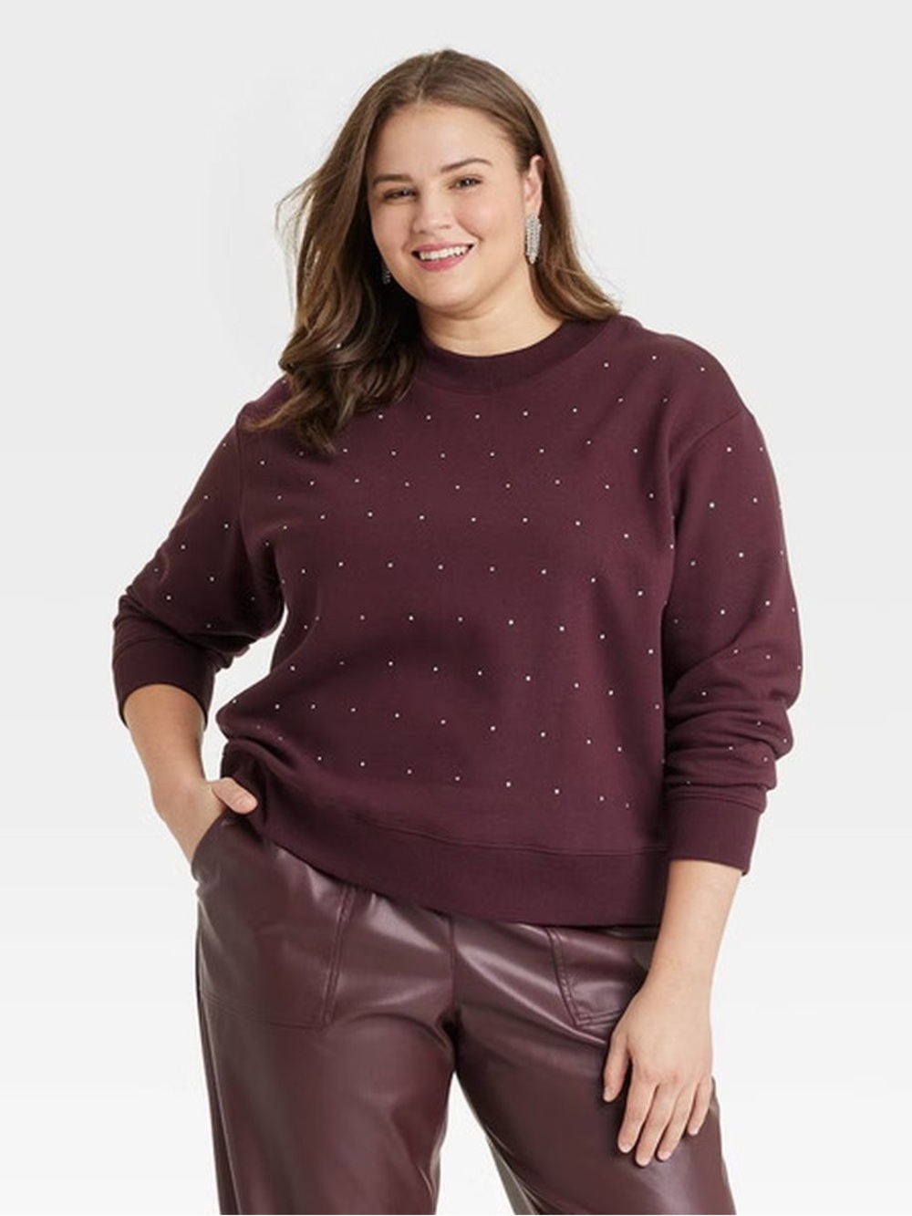 a new day Crewneck Sweater Burgundy with Rhinestone Detial